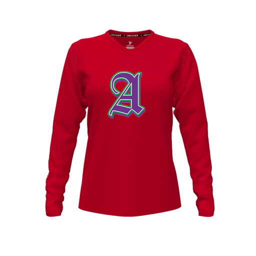 [FTLVPTRD-FYXS-LOGO3] Decker Performance T-Shirt (Female Youth XS, Red, V Neck, Logo 3, Long Sleeve)